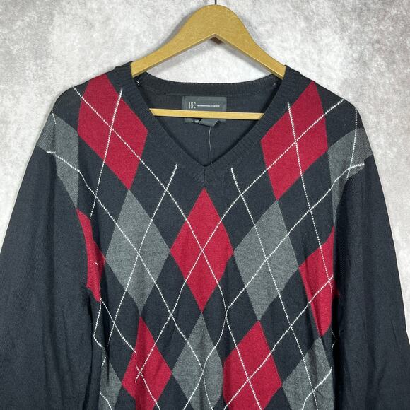 INC International Concepts Merino Wool Sweater Mens Size XL‎ Black Argyle Blend - Picture 2 of 9